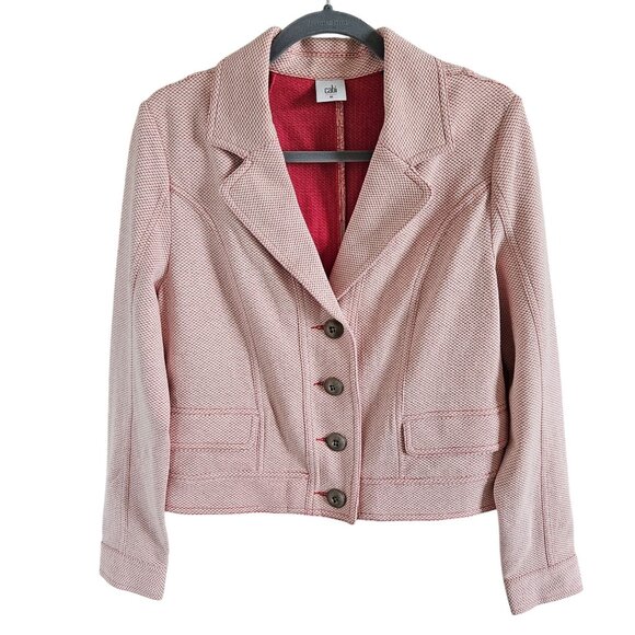 CAbi Jackets & Blazers - Cabi Woman Size M Jacket Knit Pique Coral & White Metal Buttons Flap Pockets
